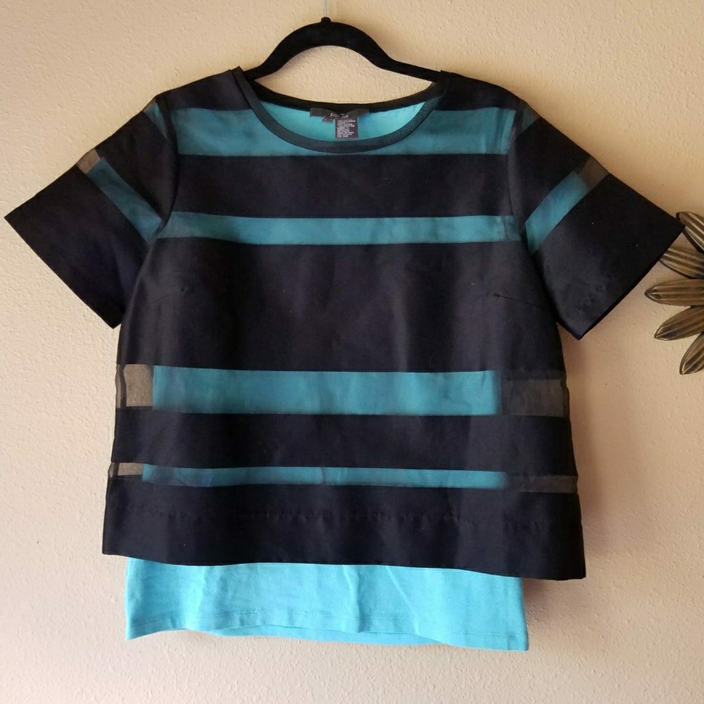 Per Se Gemini turquoise & black organza top size 6